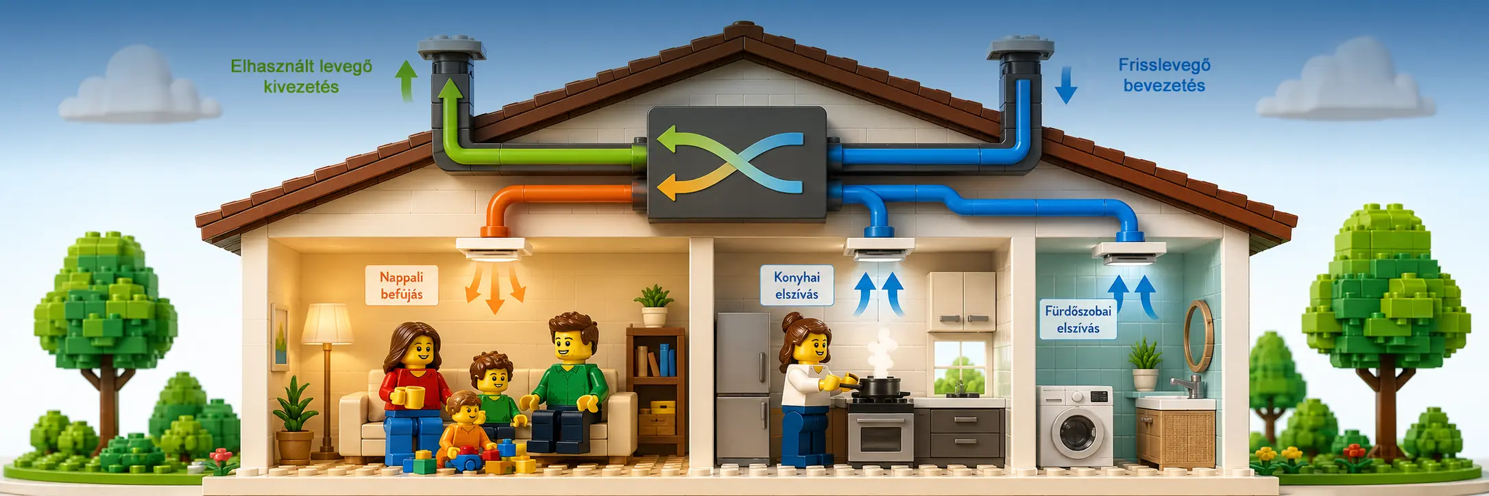 LEGO stílusú ház metszete hővisszanyerős szellőzési rendszerrel, nappali befújással és konyhai, valamint fürdőszobai elszívással