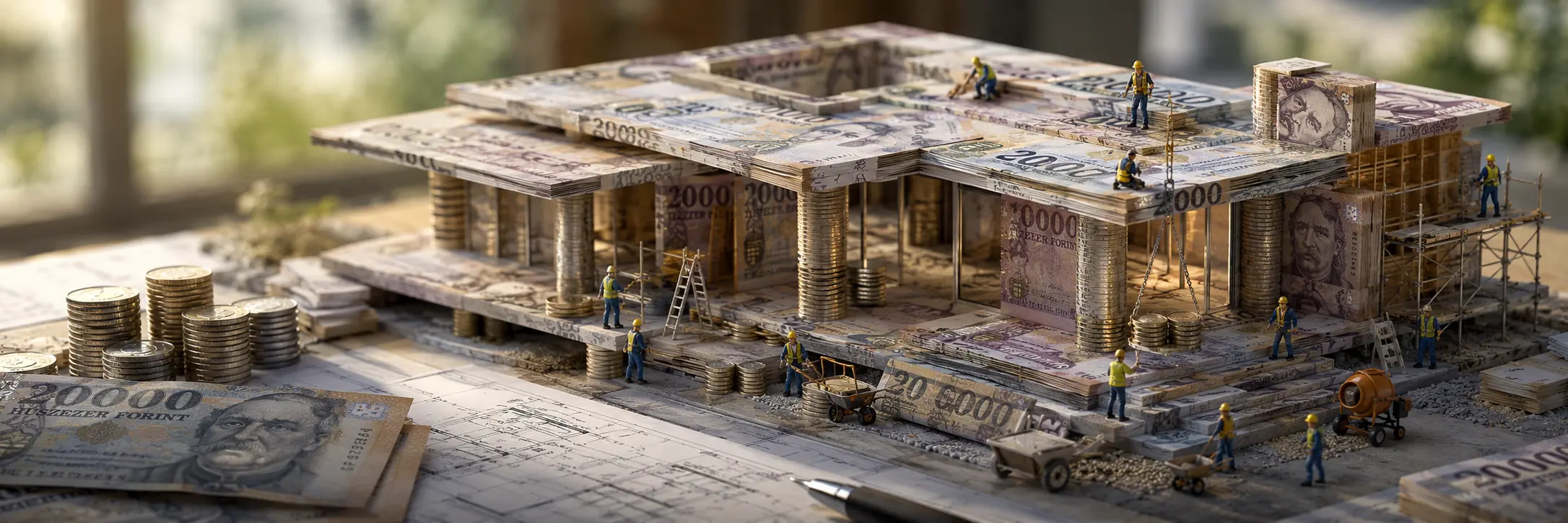 Modern családi ház makettje magyar forint bankjegyekből és érmékből, apró munkásokkal egy költségvetés tervezésről szóló illusztráción