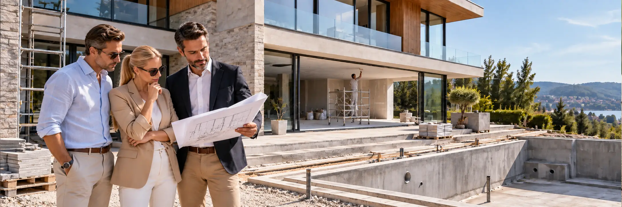 Építtető és projektmenedzser tervet egyeztet egy modern családi ház építési helyszínén