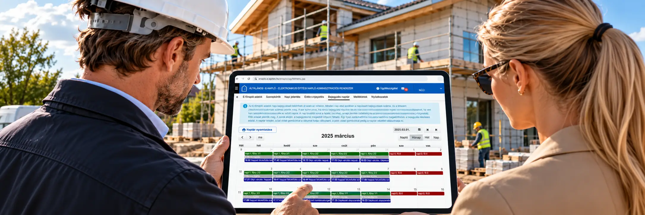 Mérnök e-naplót kezel tableten egy családi ház építési helyszínén